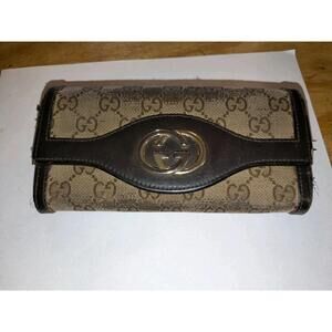 GUCCI GG Canvas Long Wallet Interlocking G Logo Beige Brown Leather